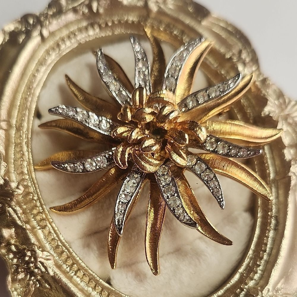 Coro Atomic Starburst Brooch Gold Tone Rhinestone Mid Century Signed